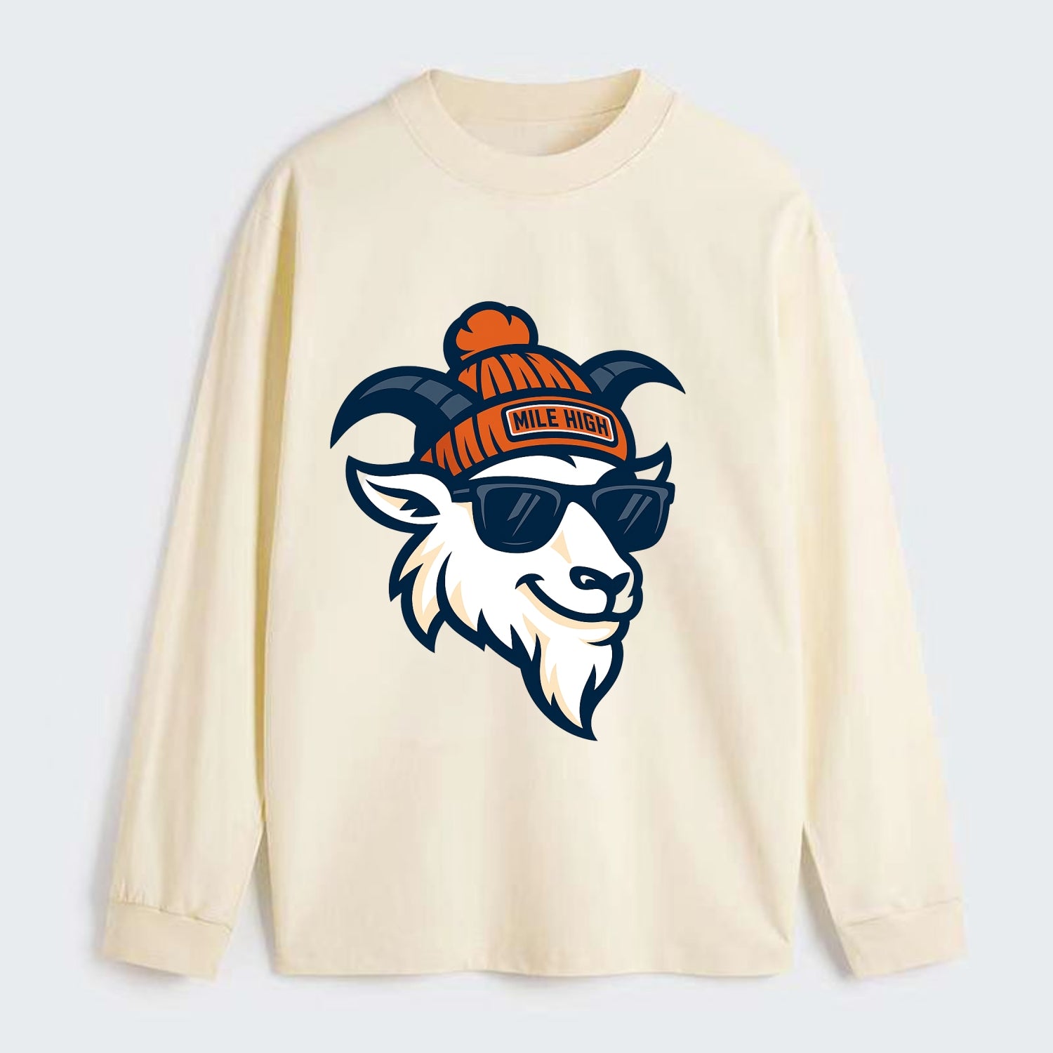 Denver Mountain Goat wearing Broncos beanie with Mile High patch and - Classic Long Sleeve Shirt - Beige