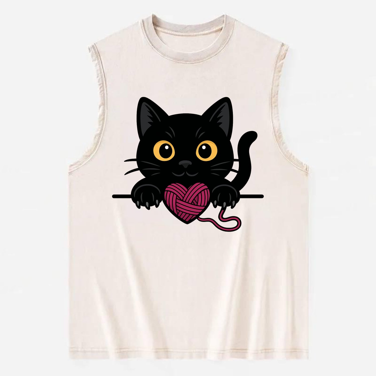 Midnight the black cat stretching tall with claws gently hooked over the edge. - Vintage Washed Tank - Beige