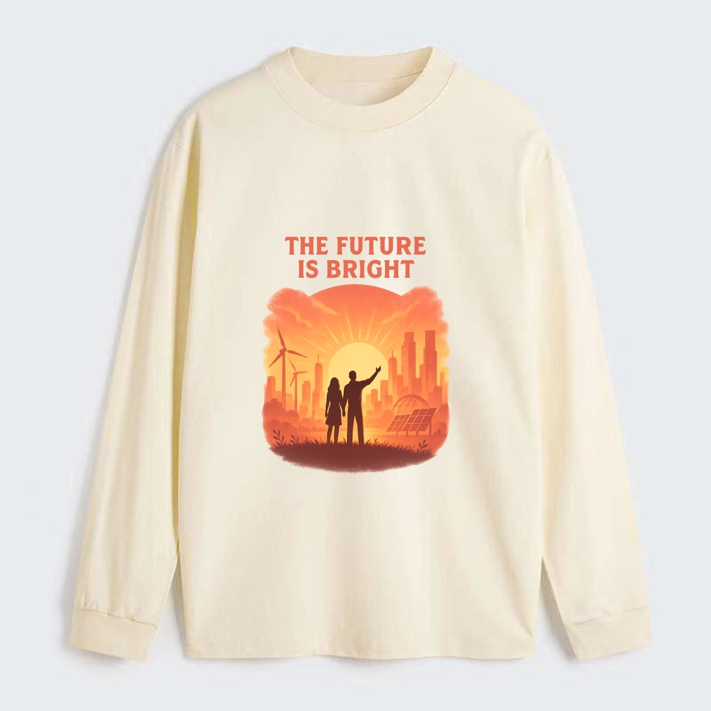 Sunrise over thriving sustainable city - "The Future is Bright" - - Classic Long Sleeve Shirt - Beige