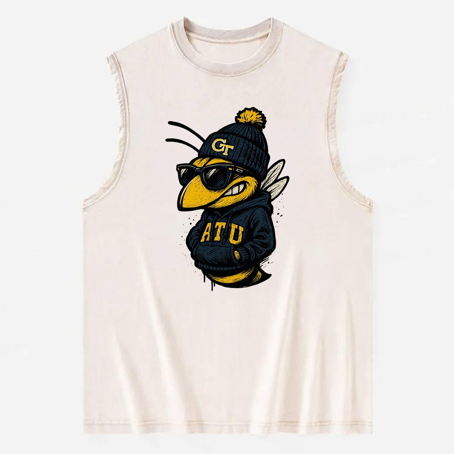 Atlanta Yellow Jacket wearing Georgia Tech beanie with GT patch - Vintage Washed Tank - Beige
