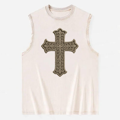 Filigree Cross  - Vintage Washed Tank - Beige