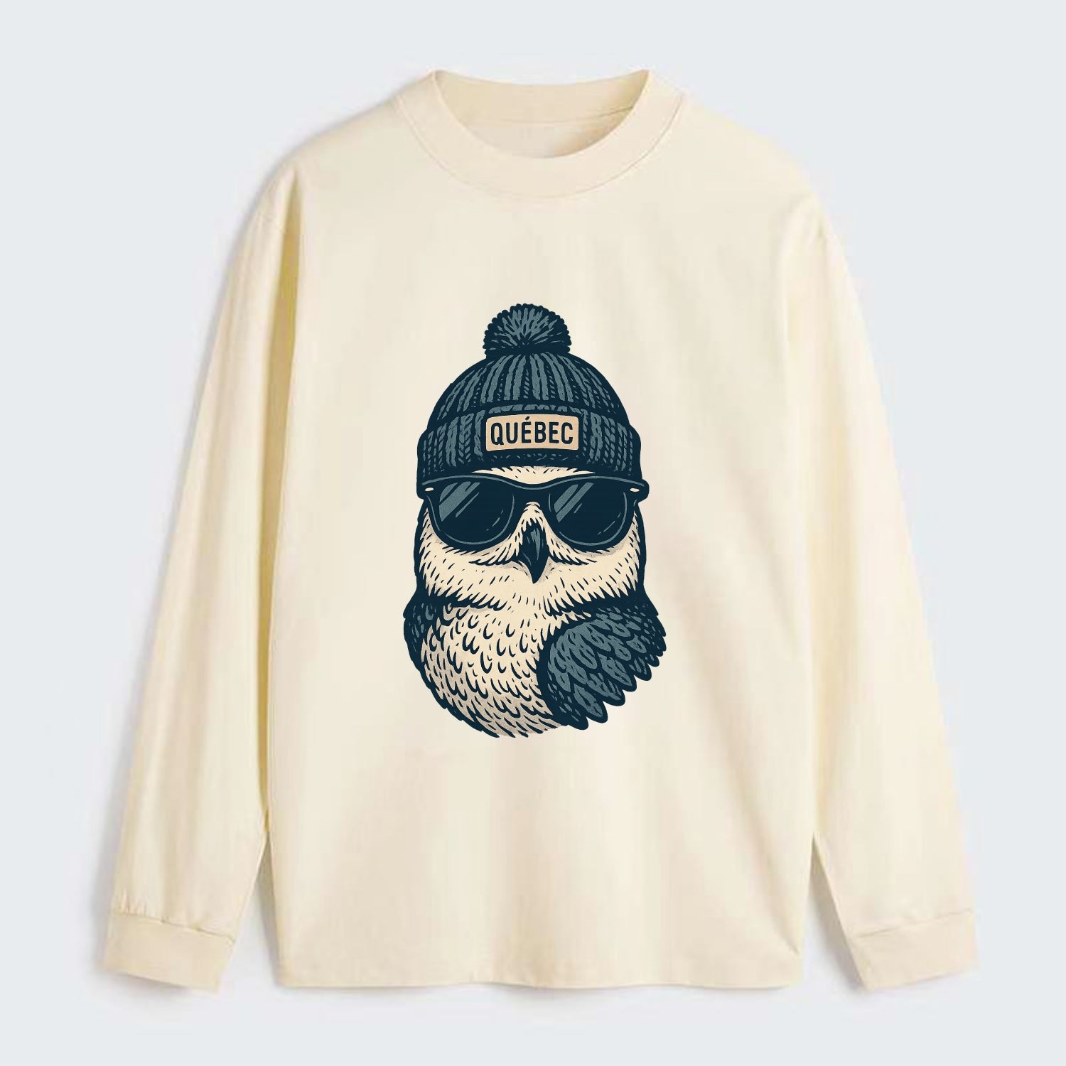 Quebec City Snowy Owl wearing Quebec bea - Classic Long Sleeve Shirt - Beige