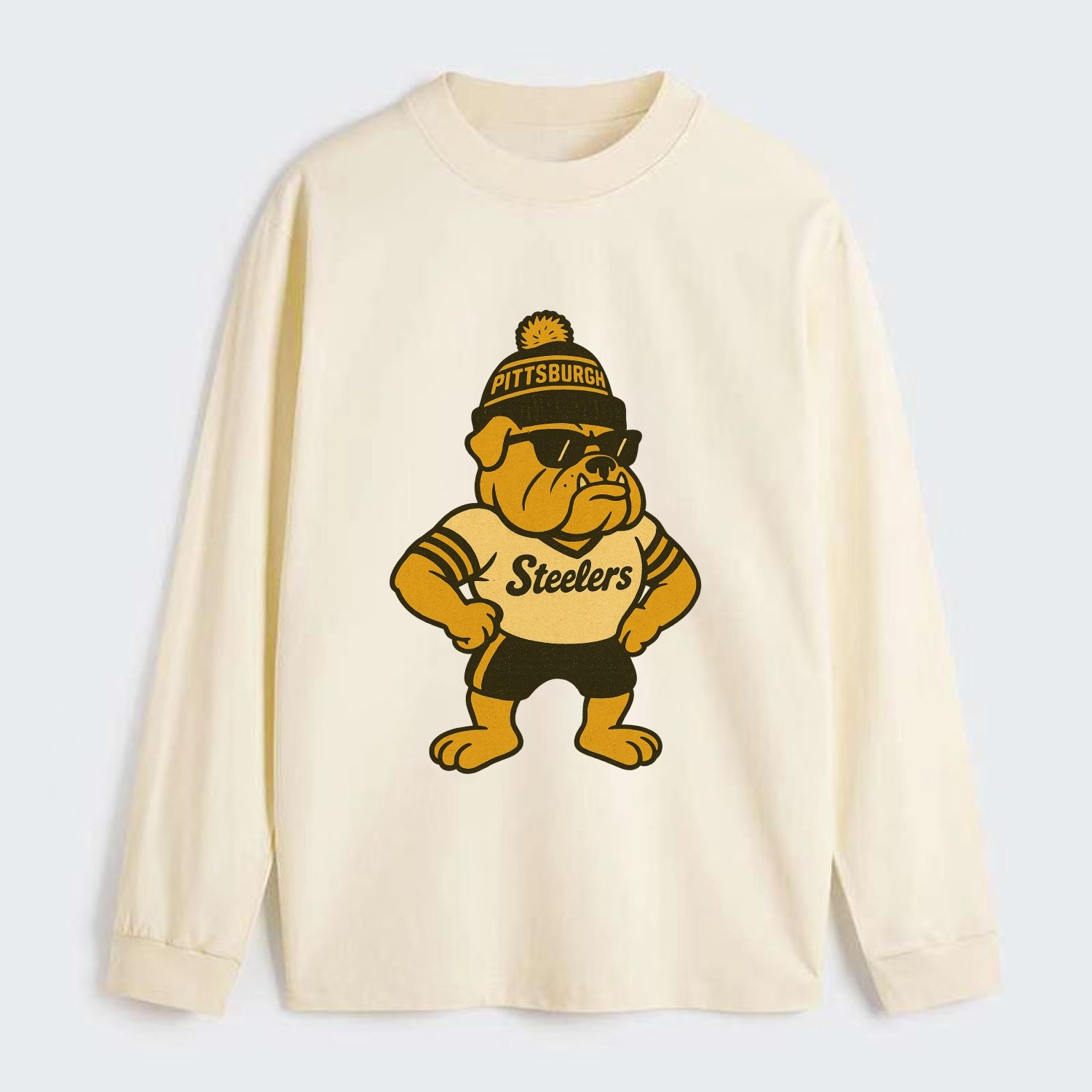 Pittsburgh Bulldog wearing Steelers black and gold beanie with pom pom - Classic Long Sleeve Shirt - Beige