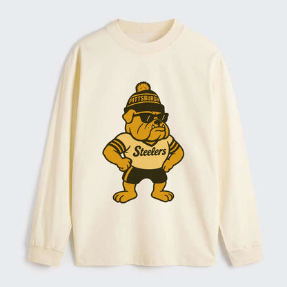 Pittsburgh Bulldog wearing Steelers black and gold beanie with pom pom - Classic Long Sleeve Shirt - Beige