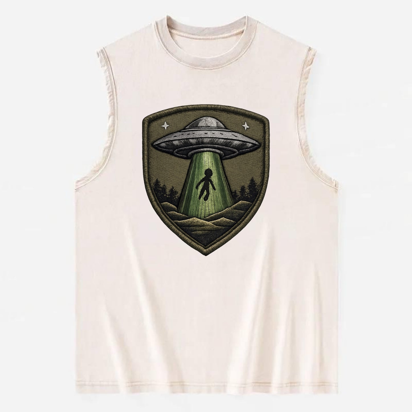UFO ALIEN - flying saucer with beam in silver and green , extraterrestrial - Vintage Washed Tank - Beige