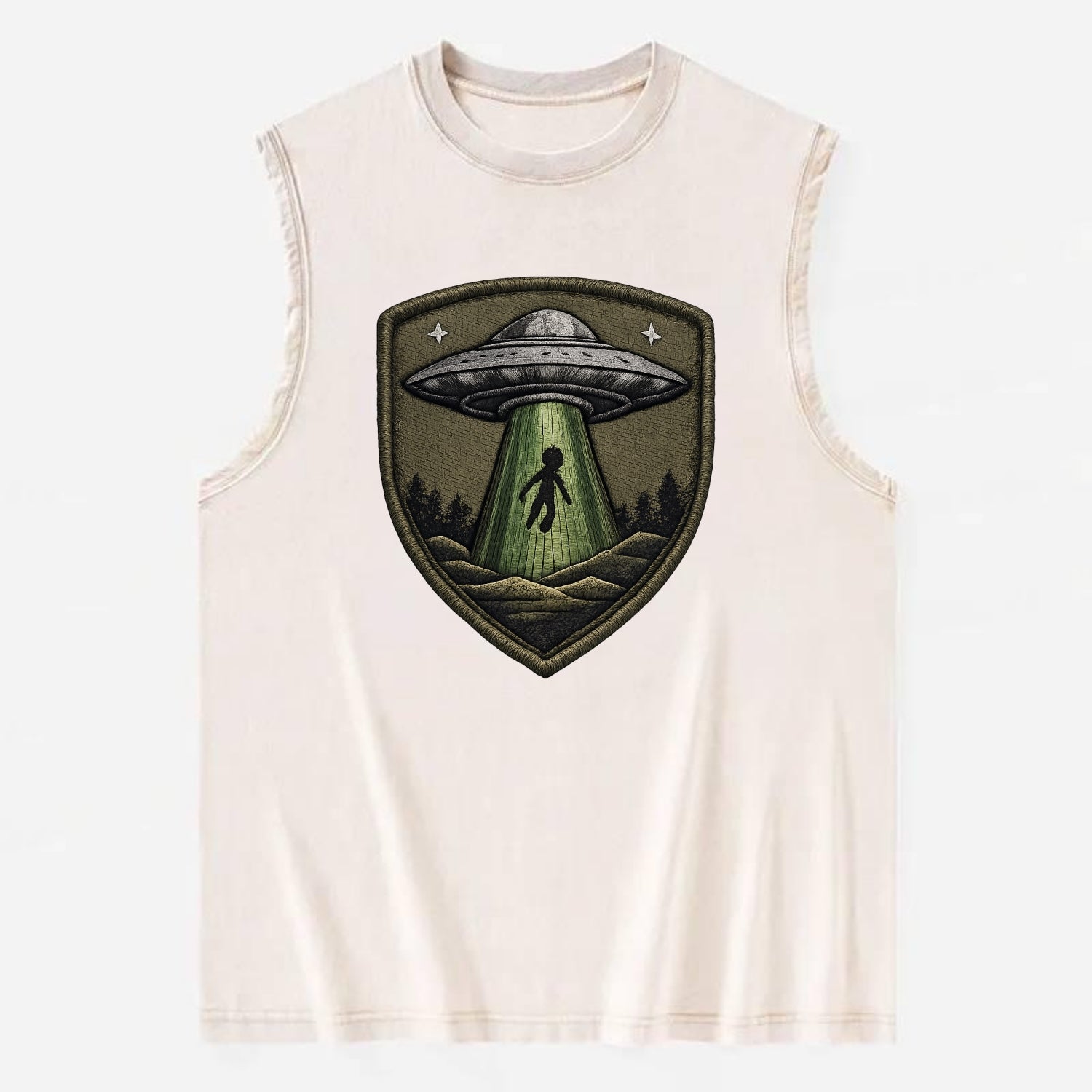 UFO ALIEN - flying saucer with beam in silver and green , extraterrestrial - Vintage Washed Tank - Beige