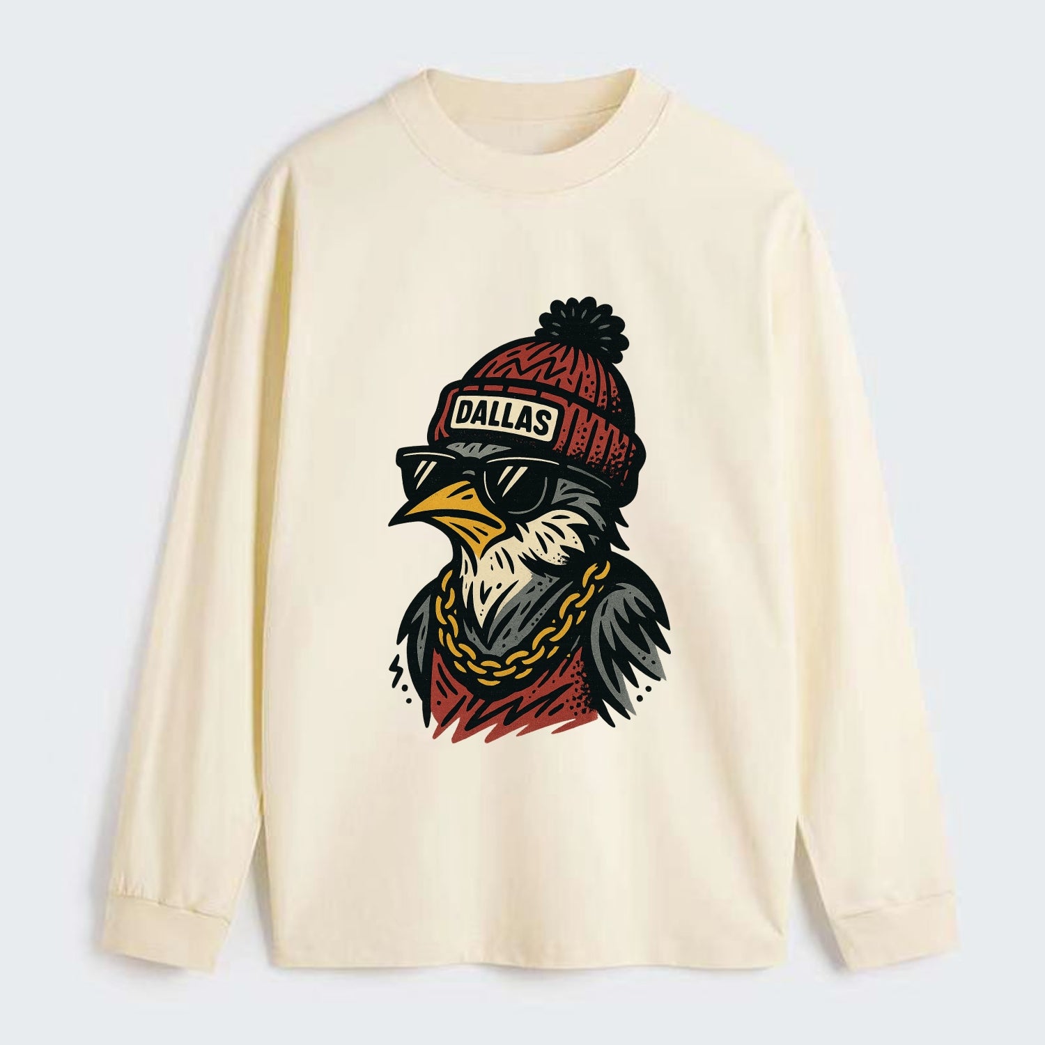 Dallas Mockingbird wearing Dallas beanie with pom pom and wayfarer - Classic Long Sleeve Shirt - Beige