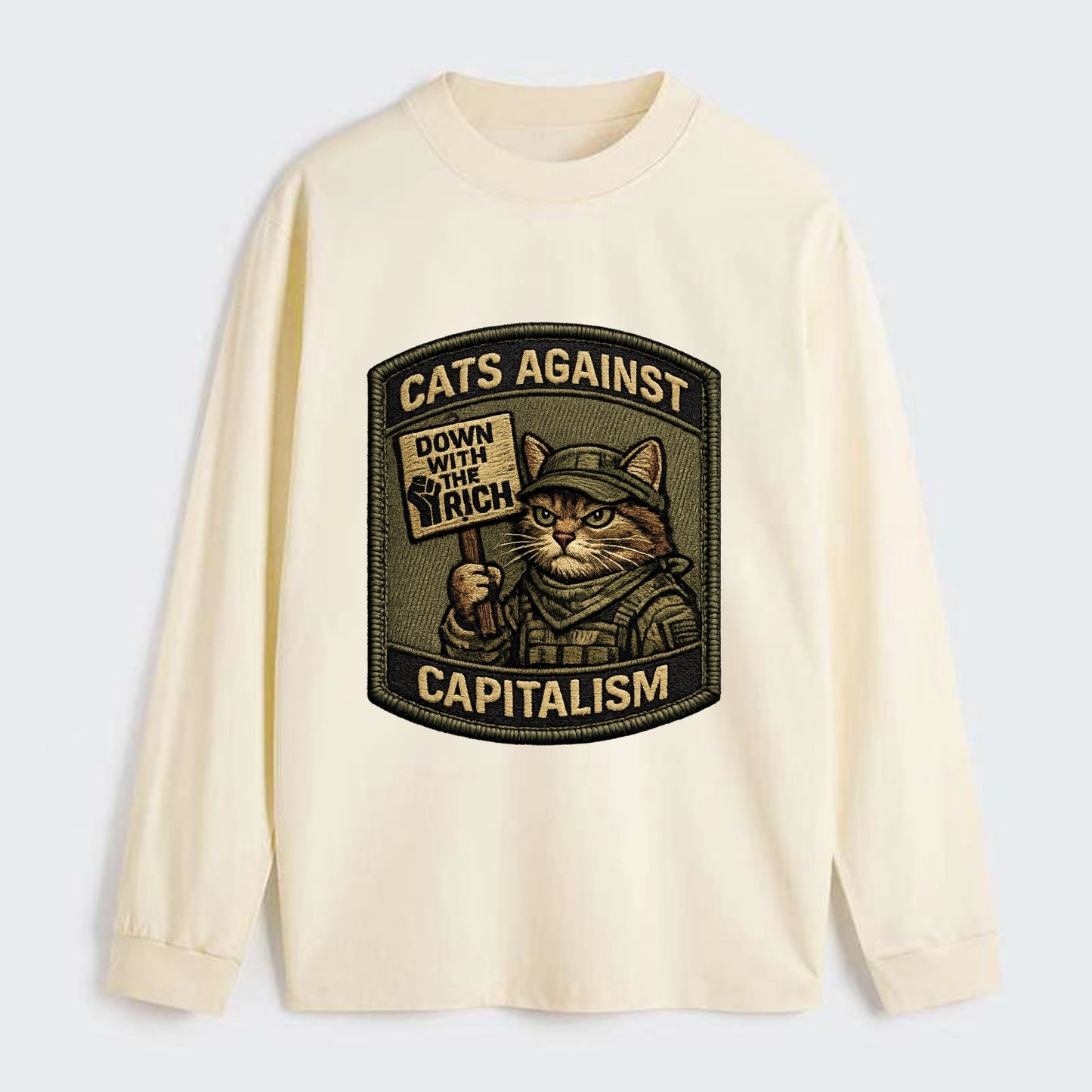 CATS AGAINST CAPITALISM - cat with protest sign in red , political cat - Classic Long Sleeve Shirt - Beige