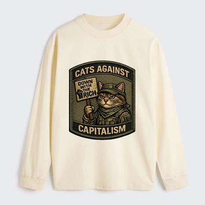 CATS AGAINST CAPITALISM - cat with protest sign in red , political cat - Classic Long Sleeve Shirt - Beige