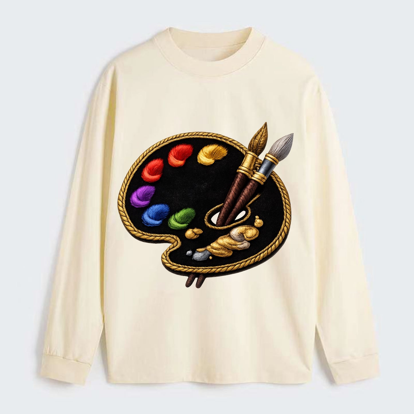 PAINT PALETTE - artist palette with brushes in rainbow and brown , - Classic Long Sleeve Shirt - Beige