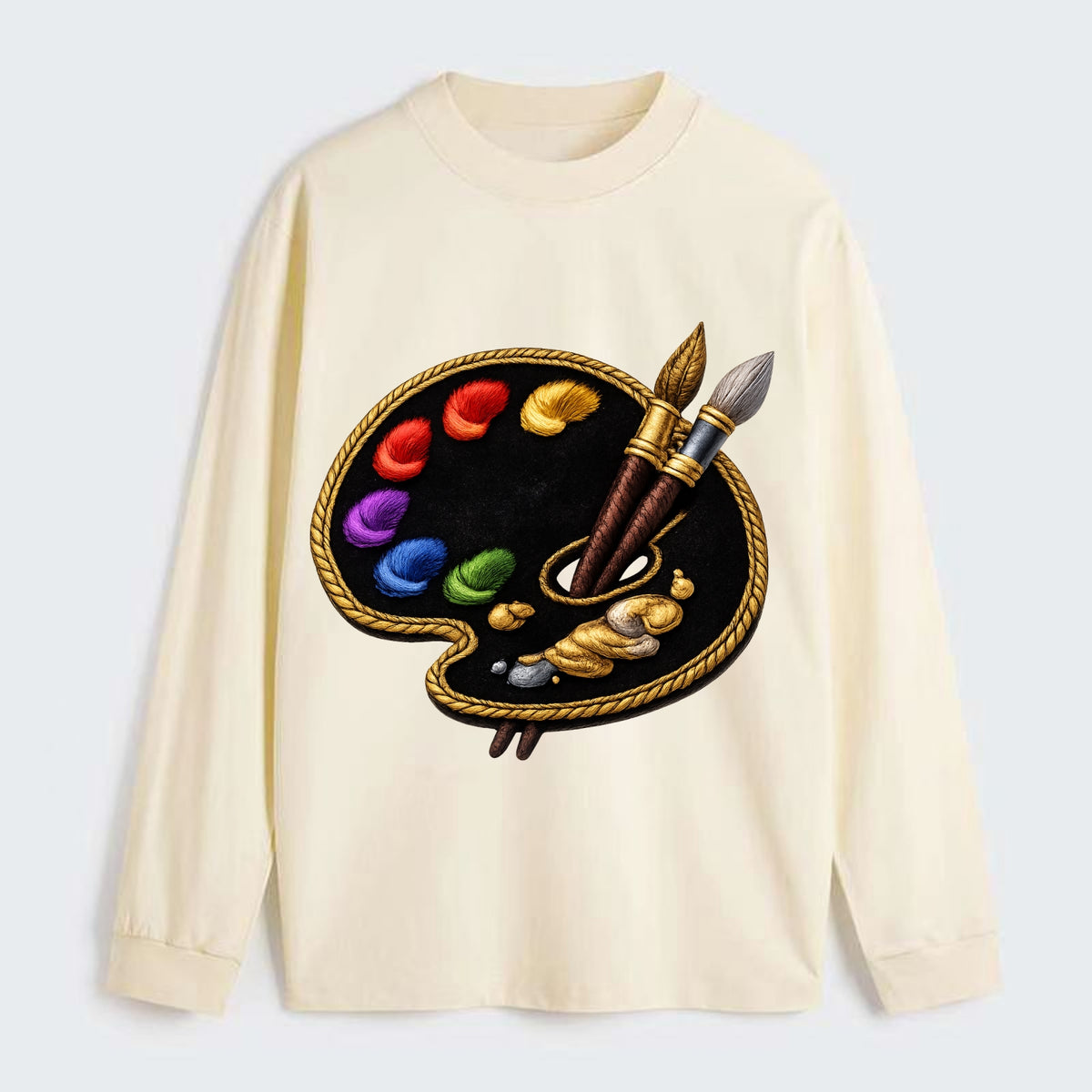 PAINT PALETTE - artist palette with brushes in rainbow and brown , - Classic Long Sleeve Shirt - Beige