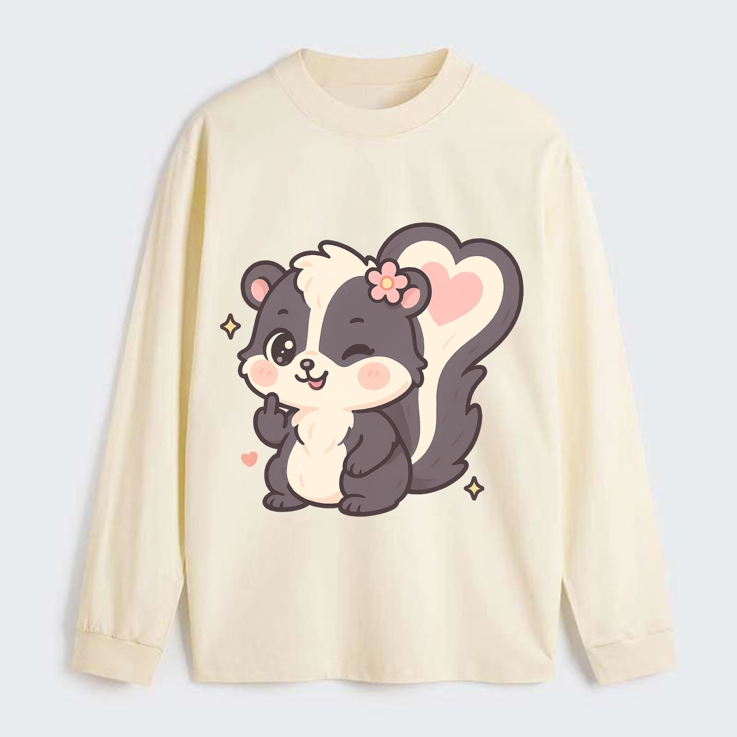 fluffy skunk with heart-shaped tail pattern, one paw up showing sass - Classic Long Sleeve Shirt - Beige