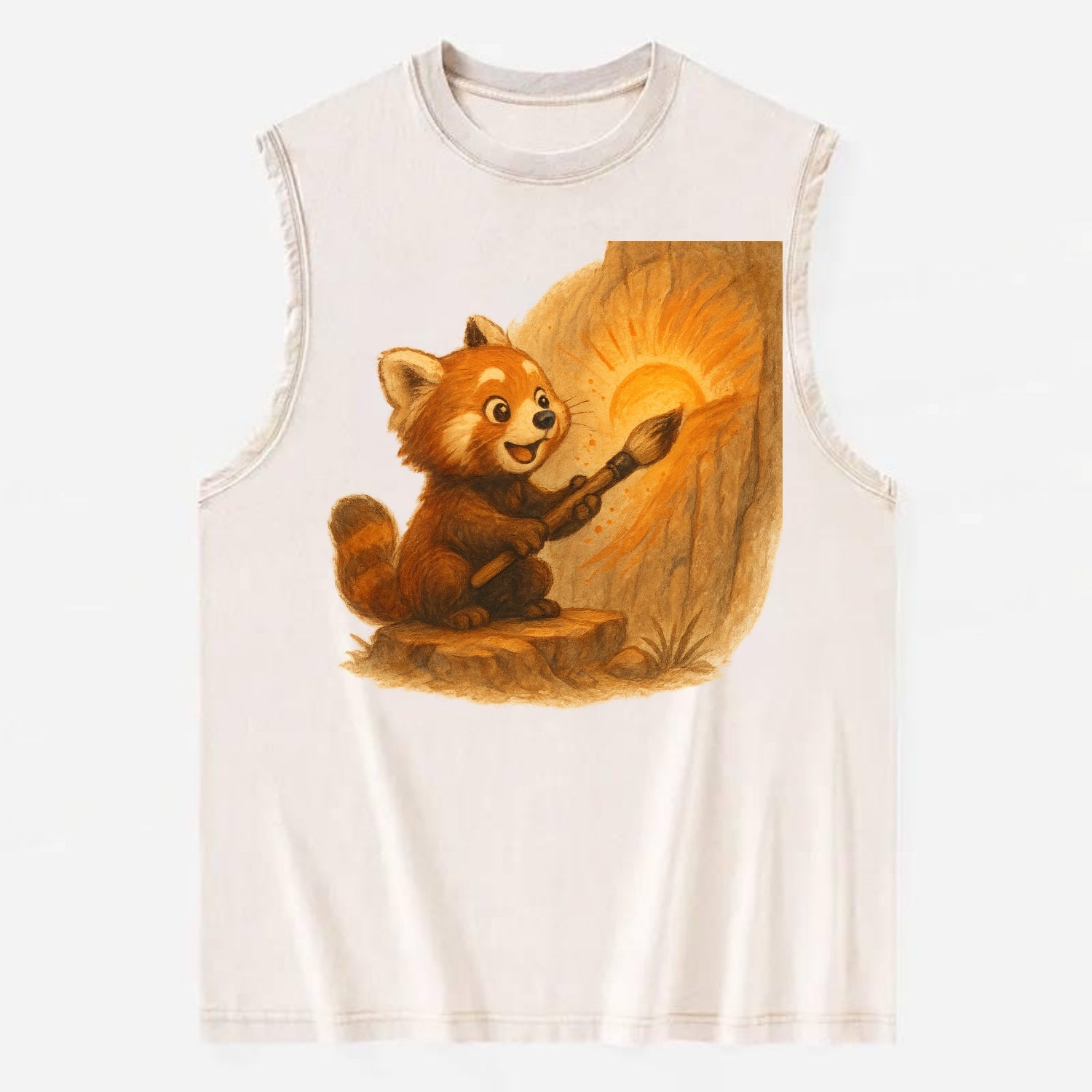 Red panda painting a sunrise mural with an oversized calligraphy brush on a - Vintage Washed Tank - Beige