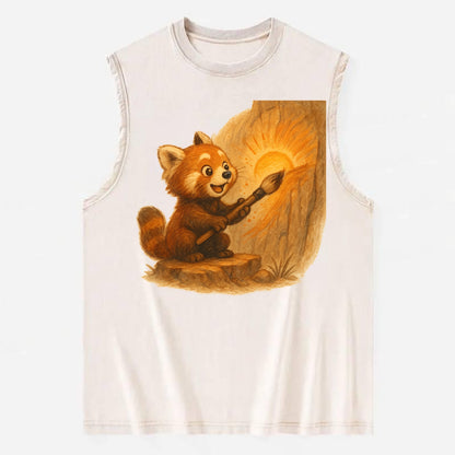 Red panda painting a sunrise mural with an oversized calligraphy brush on a - Vintage Washed Tank - Beige