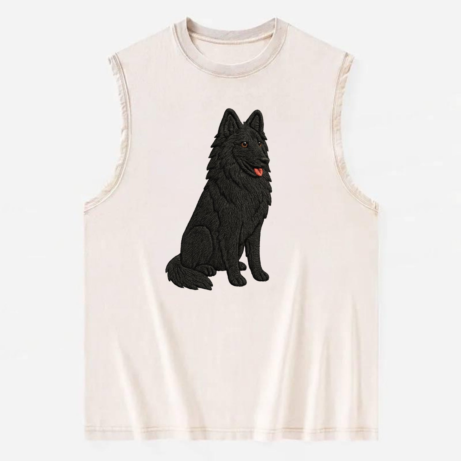 Belgian Sheepdog - Black long-haired embroidered pose - Vintage Washed Tank - Beige