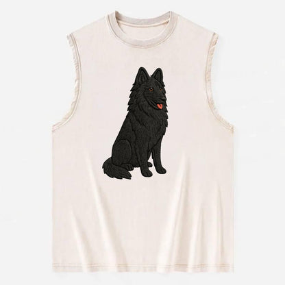 Belgian Sheepdog - Black long-haired embroidered pose - Vintage Washed Tank - Beige