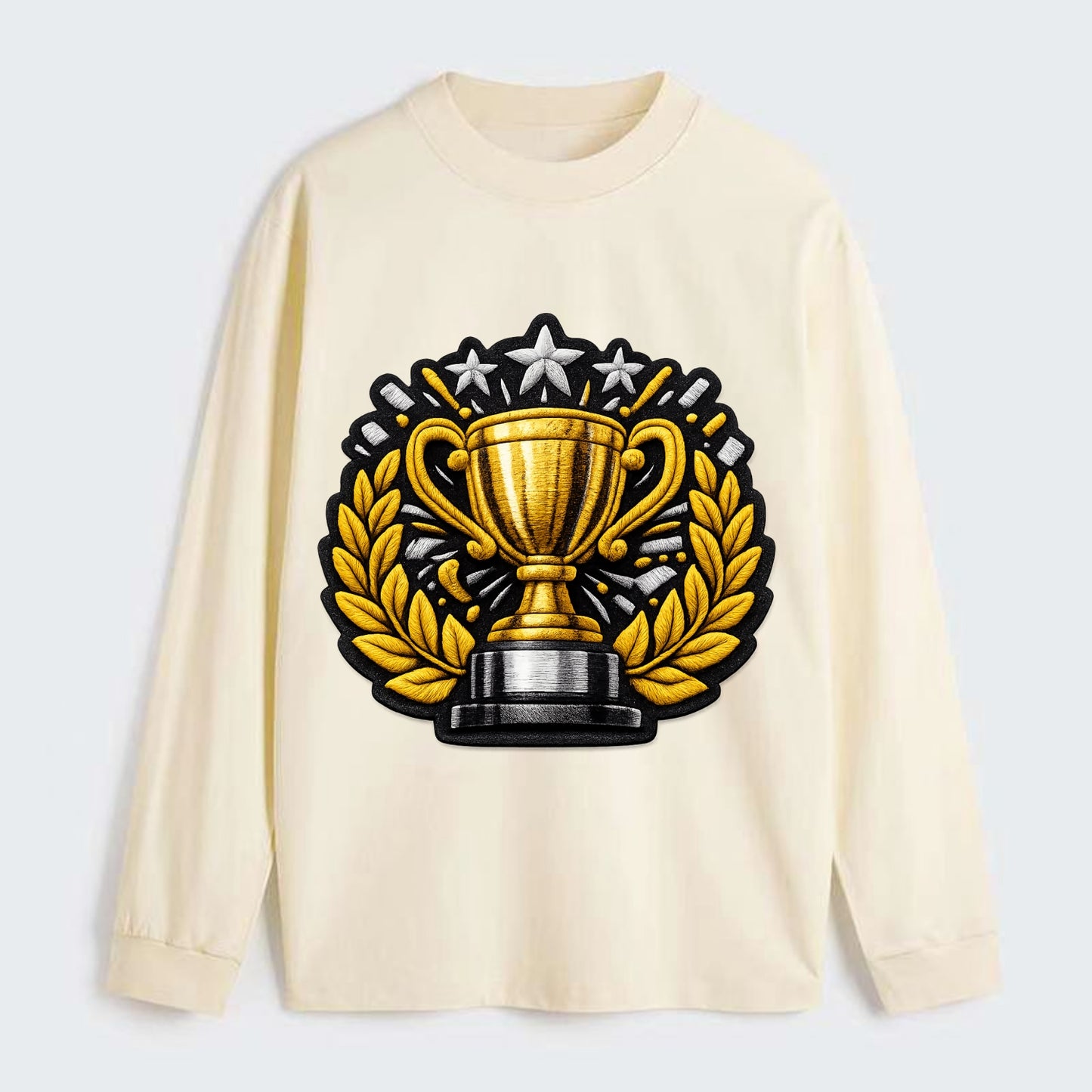 Embroidered patch design - CHAMPIONSHIP TROPHY - golden trophy cup with - Classic Long Sleeve Shirt - Beige