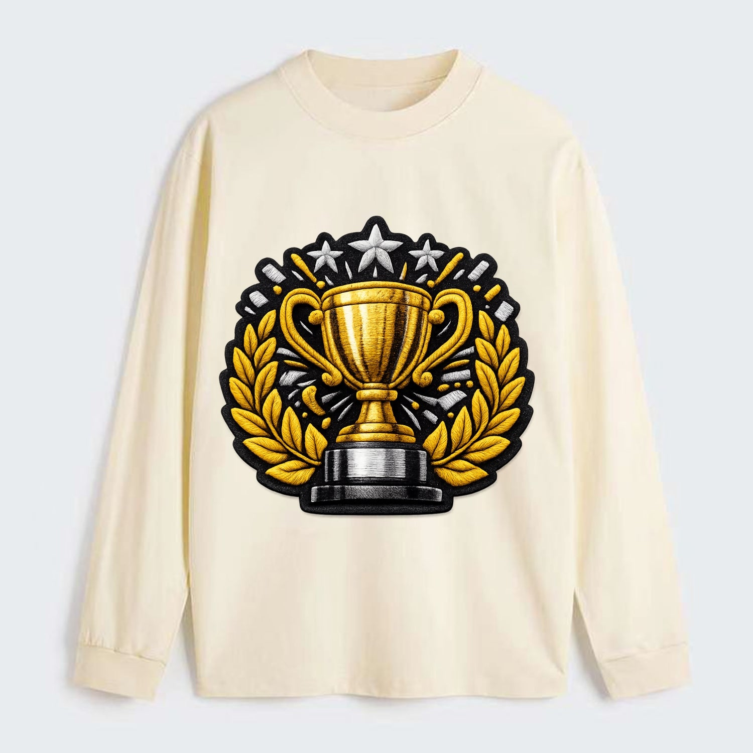 Embroidered patch design - CHAMPIONSHIP TROPHY - golden trophy cup with - Classic Long Sleeve Shirt - Beige