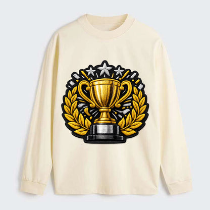 Embroidered patch design - CHAMPIONSHIP TROPHY - golden trophy cup with - Classic Long Sleeve Shirt - Beige