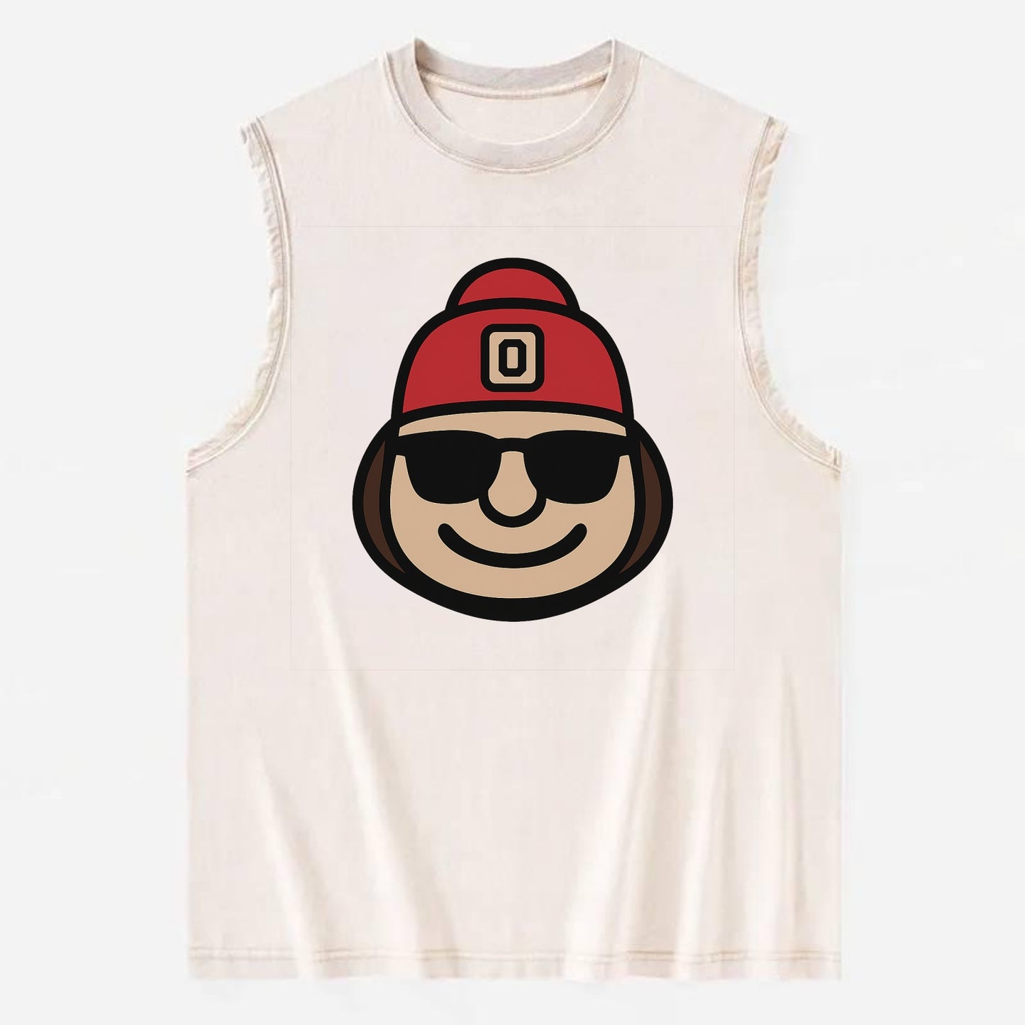 Columbus Brutus wearing Ohio State beanie with Block O patch - Vintage Washed Tank - Beige