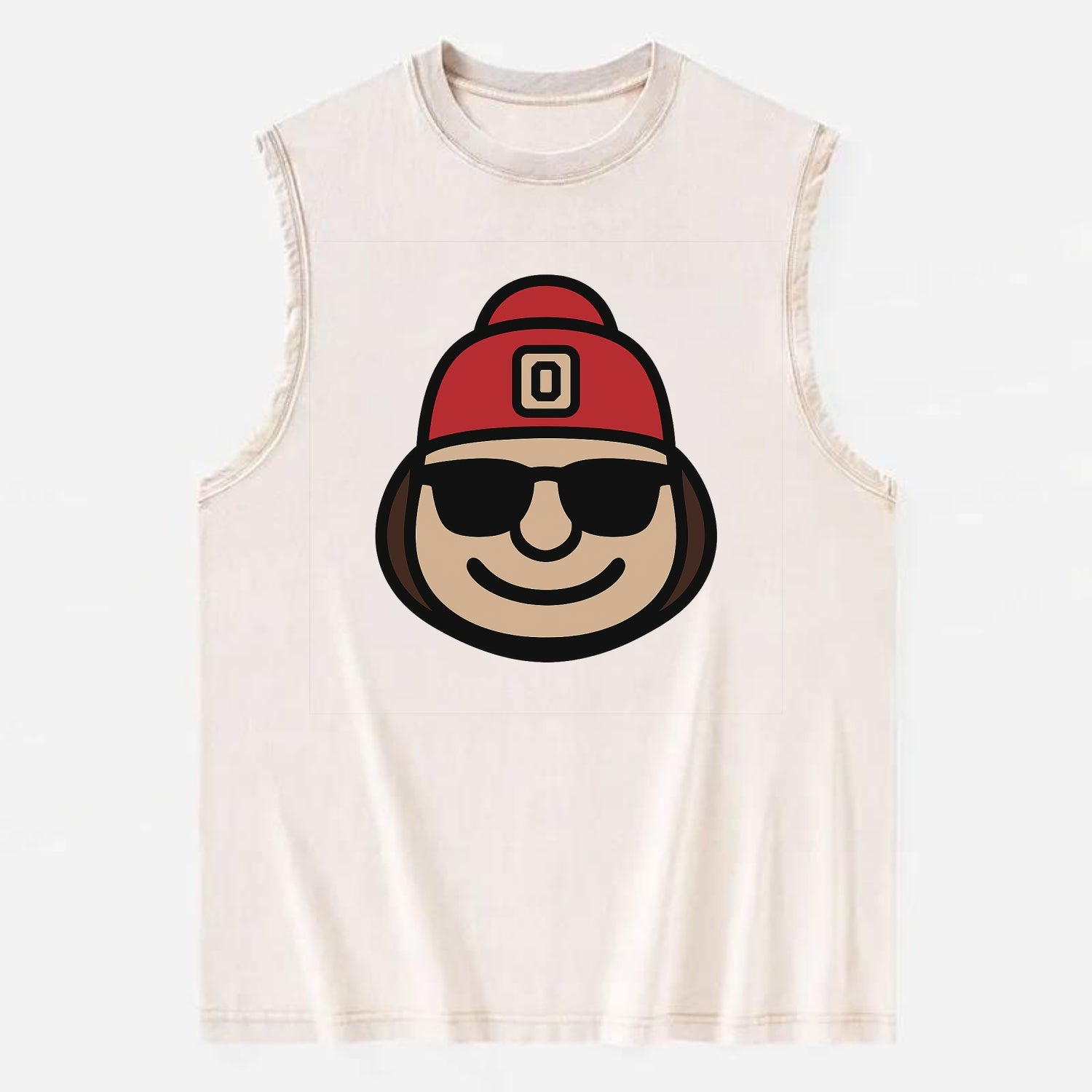 Columbus Brutus wearing Ohio State beanie with Block O patch - Vintage Washed Tank - Beige