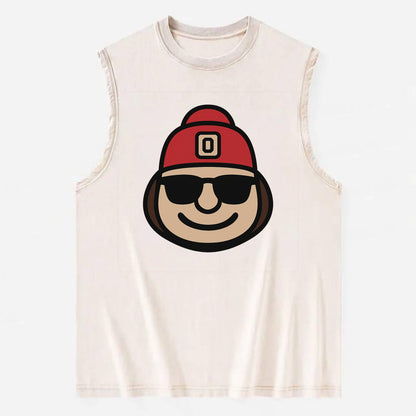 Columbus Brutus wearing Ohio State beanie with Block O patch - Vintage Washed Tank - Beige