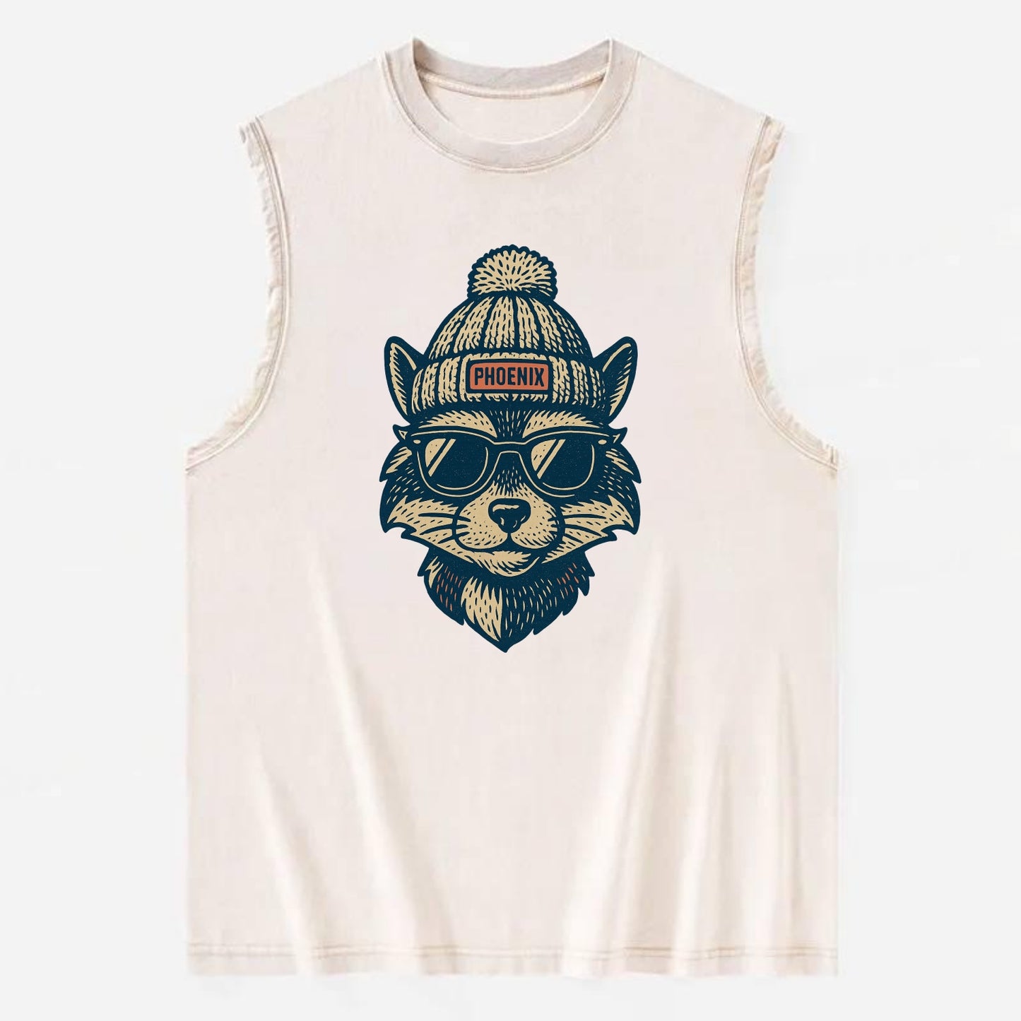 Arizona Ringtail wearing Phoenix beanie with pom pom and wayfarer sunglasses - Vintage Washed Tank - Beige