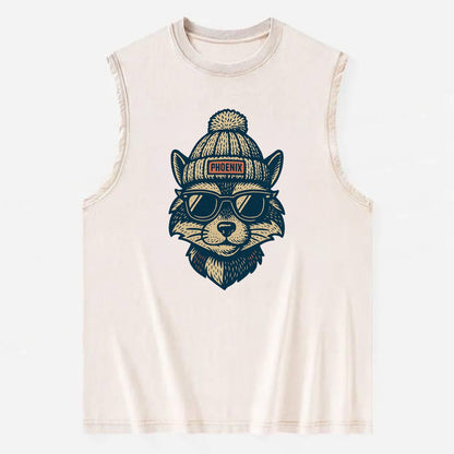 Arizona Ringtail wearing Phoenix beanie with pom pom and wayfarer sunglasses - Vintage Washed Tank - Beige