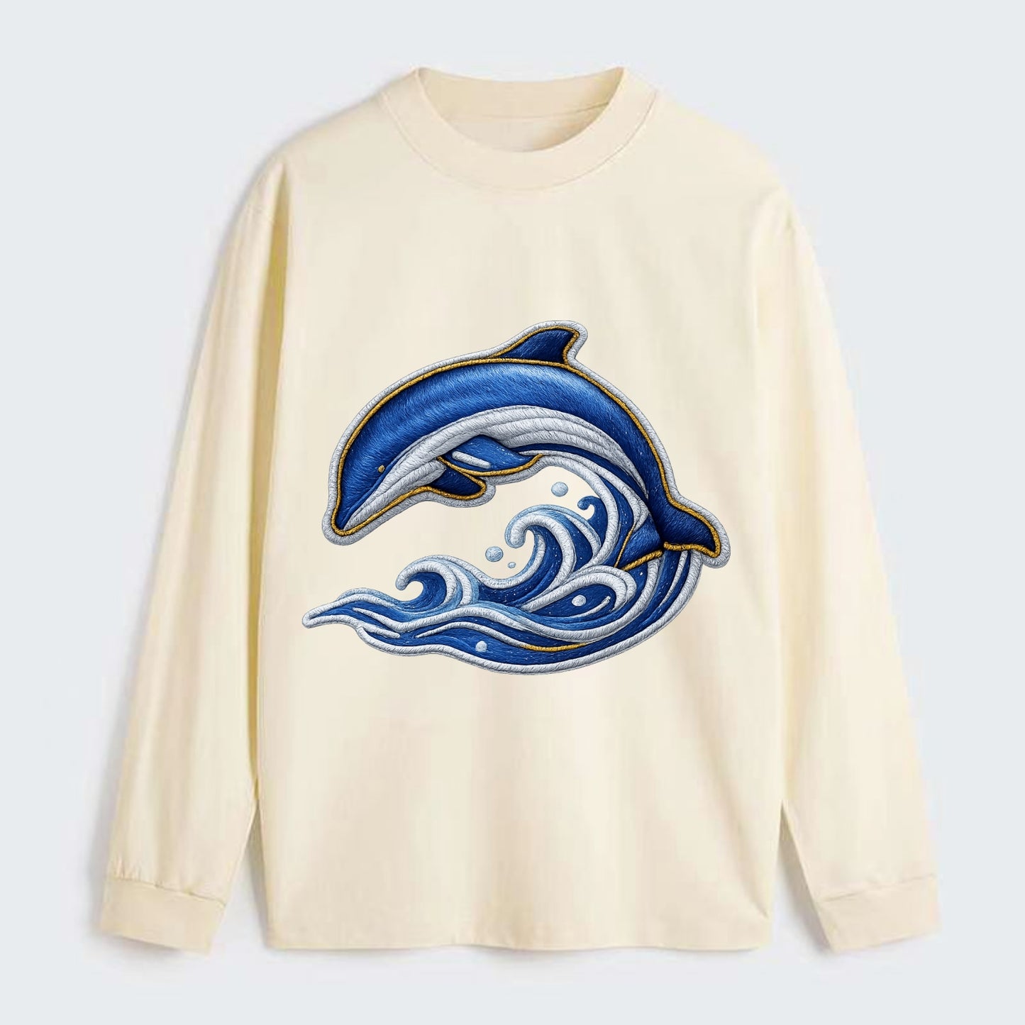 Embroidered patch design - SWIMMING DOLPHIN - diving dolphin with waves - Classic Long Sleeve Shirt - Beige