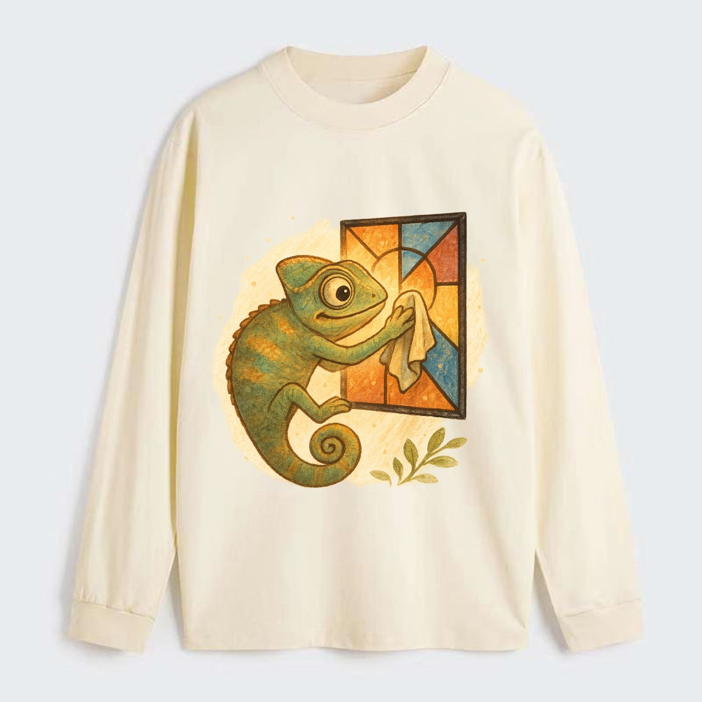 Chameleon blending into a stained-glass window it is polishing with - Classic Long Sleeve Shirt - Beige