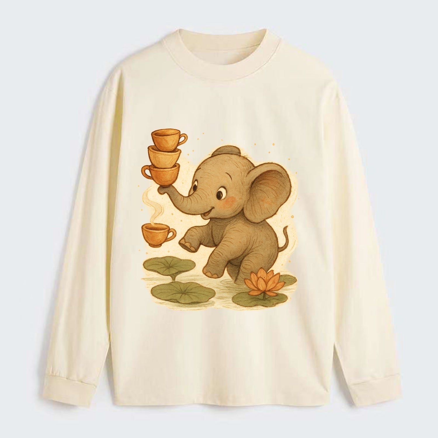 Elephant balancing teacups during a floating tea ceremony beside lotus - Classic Long Sleeve Shirt - Beige