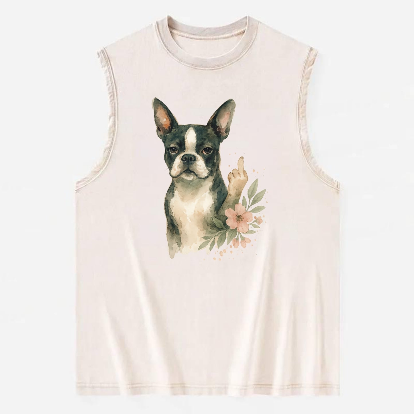 Boston Terrier with tuxedo markings, perky ears, paw up giving sass - Vintage Washed Tank - Beige