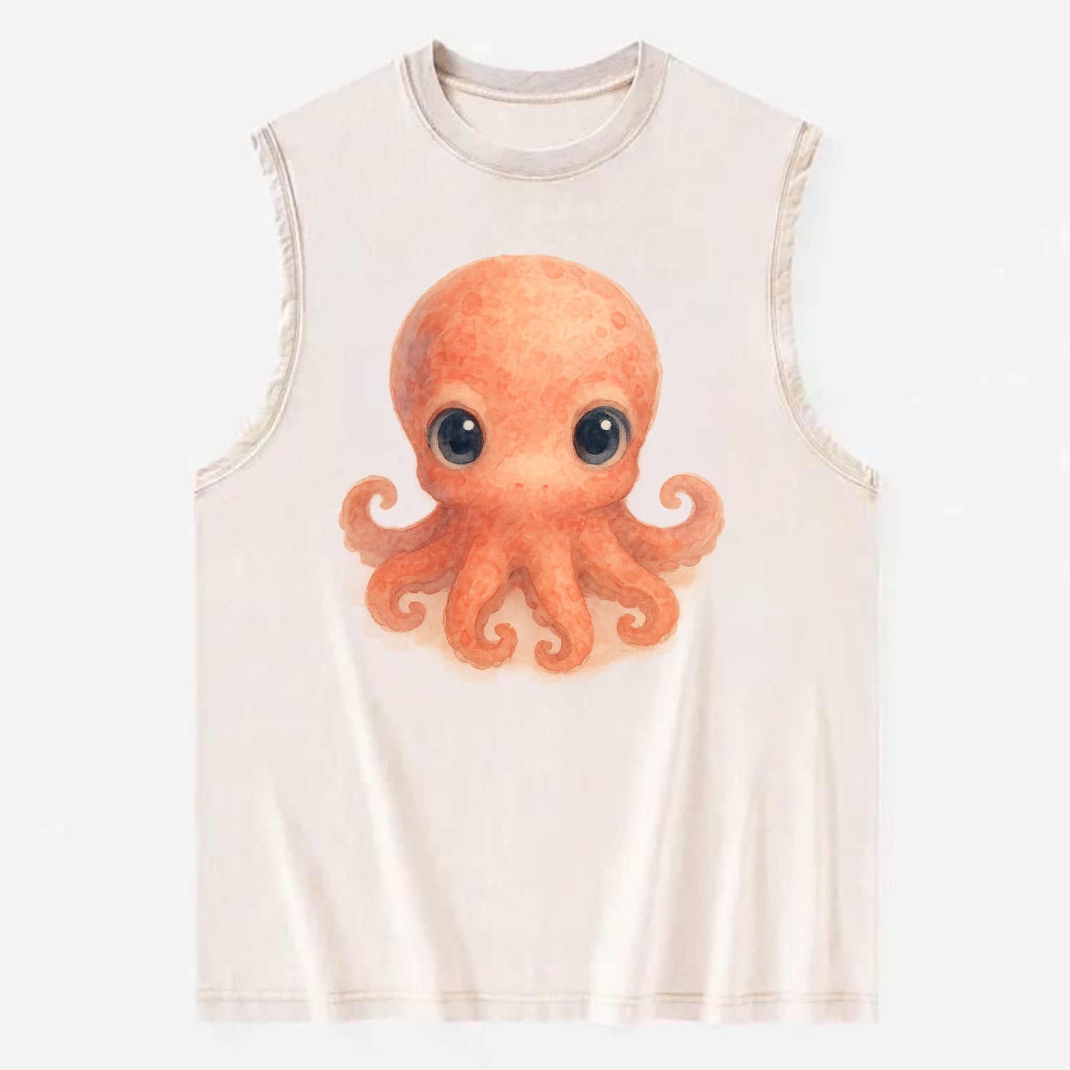 Baby Octopus - red-orange, eight tiny tentacles curled, large intelligent - Vintage Washed Tank - Beige