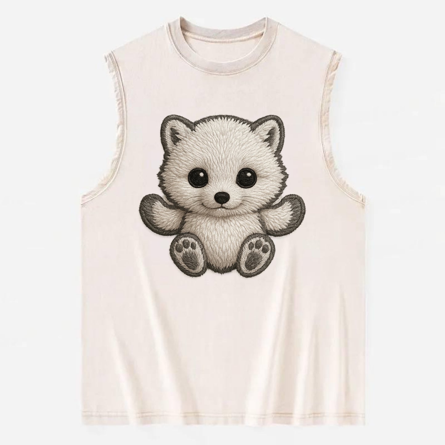 Baby Arctic Fox - white fluffy, tiny black nose, bright curious eyes, - Vintage Washed Tank - Beige