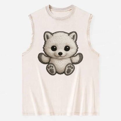 Baby Arctic Fox - white fluffy, tiny black nose, bright curious eyes, - Vintage Washed Tank - Beige