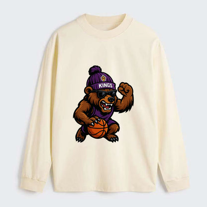 California Grizzly wearing Kings beanie with royal scepter patch and - Classic Long Sleeve Shirt - Beige