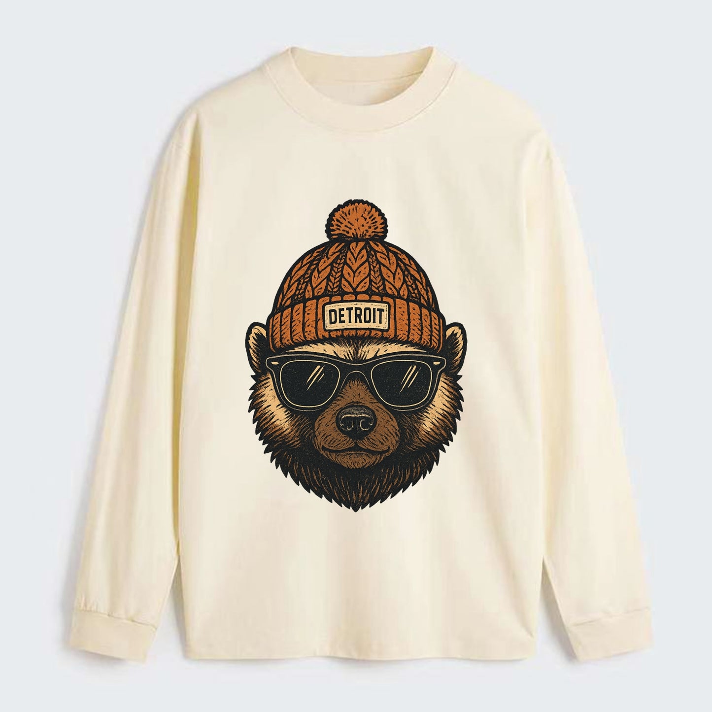 Detroit Wolverine wearing Detroit beanie with pom pom and wayfarer - Classic Long Sleeve Shirt - Beige