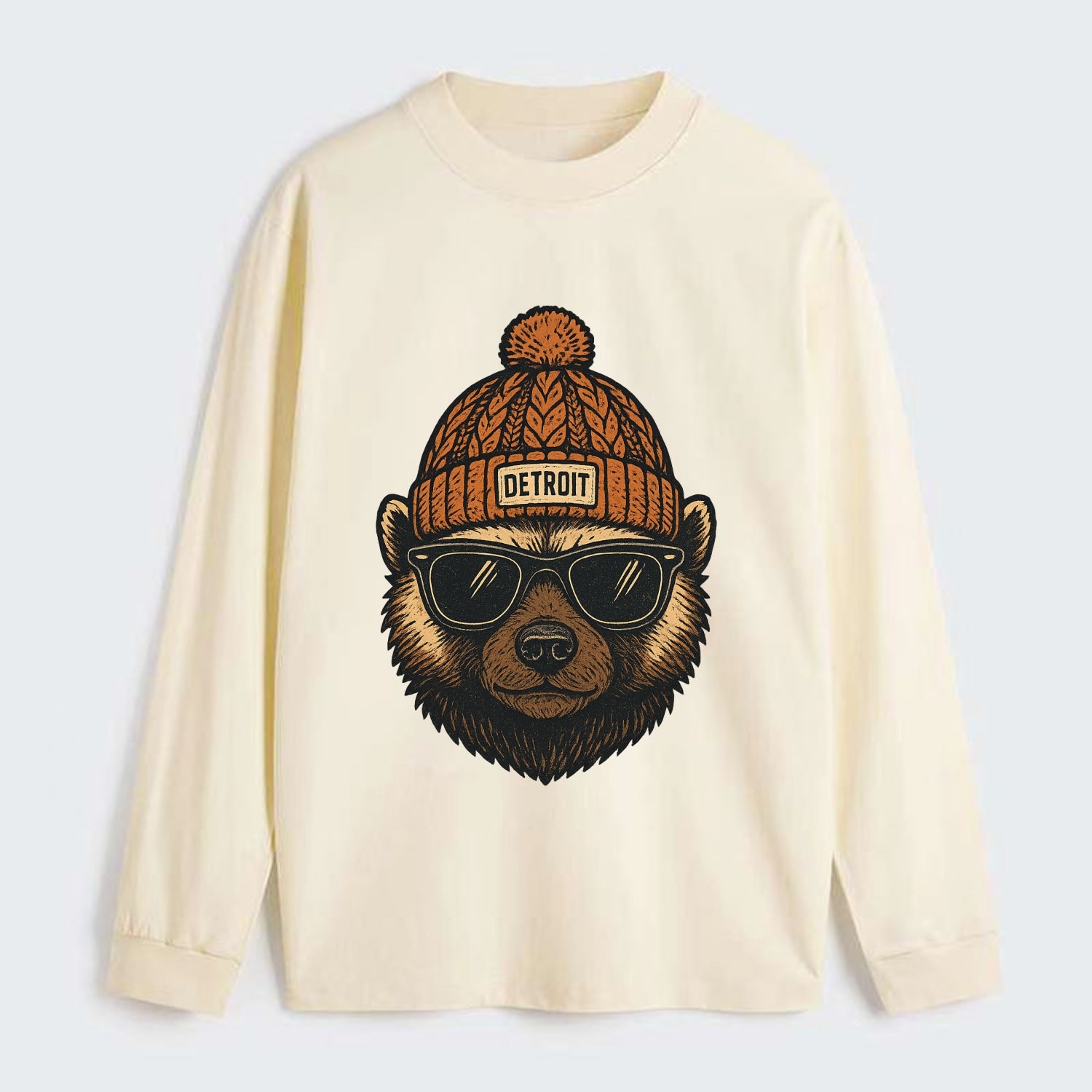 Detroit Wolverine wearing Detroit beanie with pom pom and wayfarer - Classic Long Sleeve Shirt - Beige