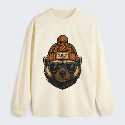 Detroit Wolverine wearing Detroit beanie with pom pom and wayfarer - Classic Long Sleeve Shirt - Beige