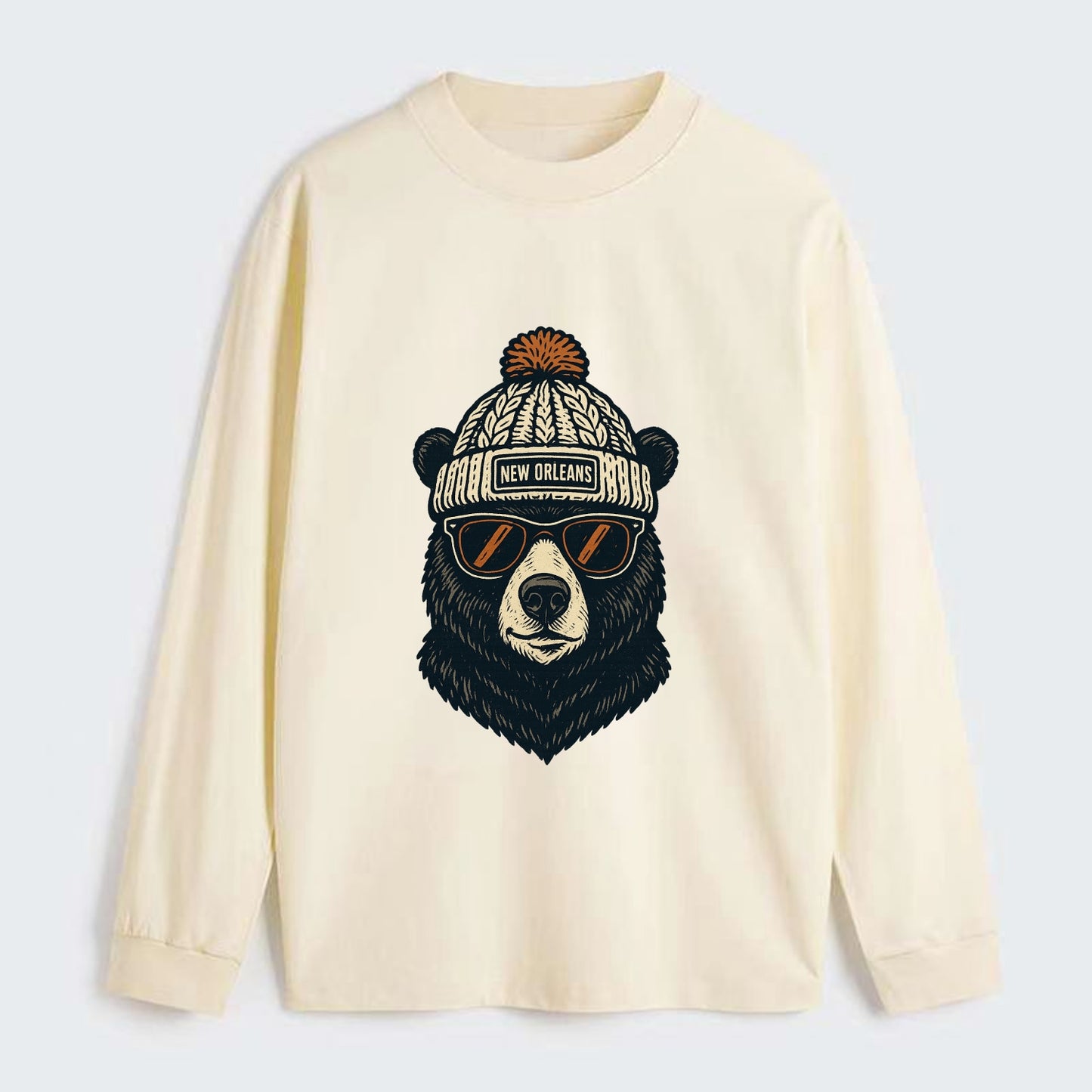 Louisiana Black Bear wearing New Orleans beanie with pom pom and - Classic Long Sleeve Shirt - Beige