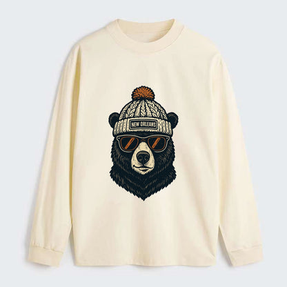 Louisiana Black Bear wearing New Orleans beanie with pom pom and - Classic Long Sleeve Shirt - Beige