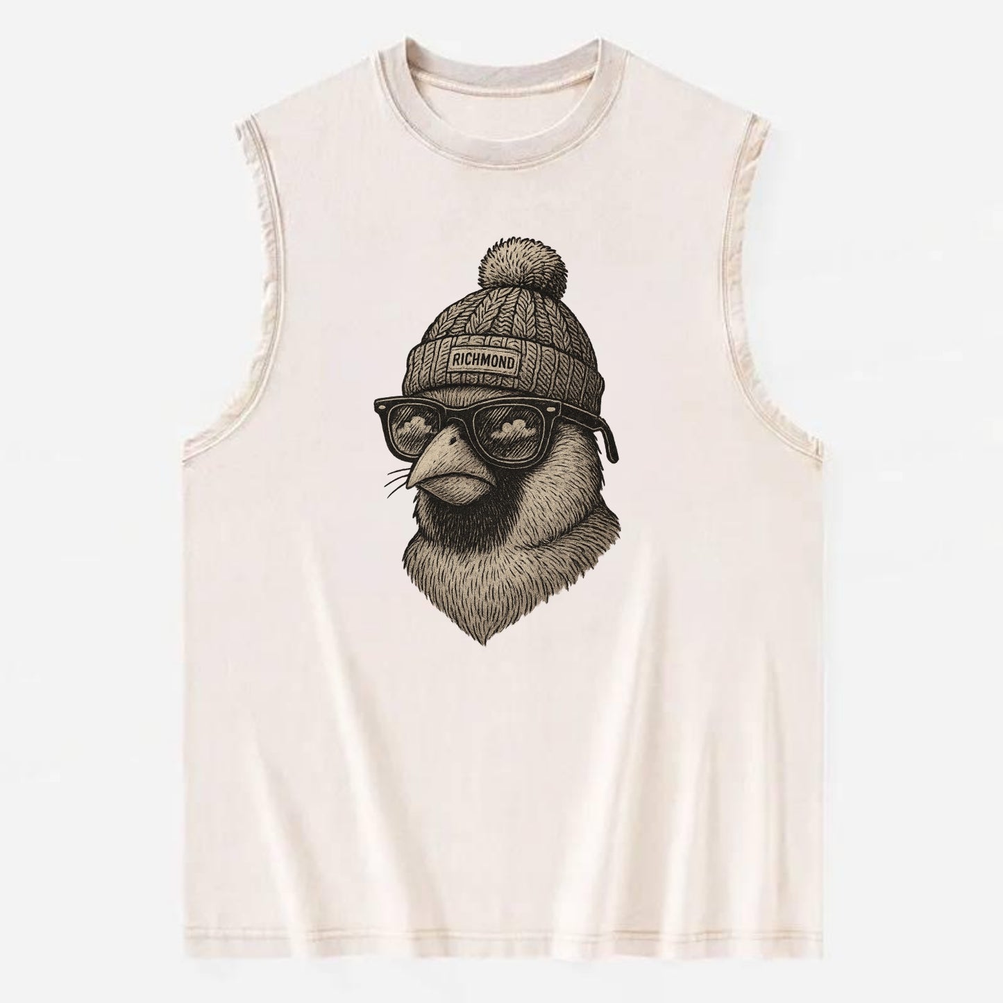 Virginia Cardinal wearing Richmond beanie with pom pom and wayfarer sunglasses - Vintage Washed Tank - Beige