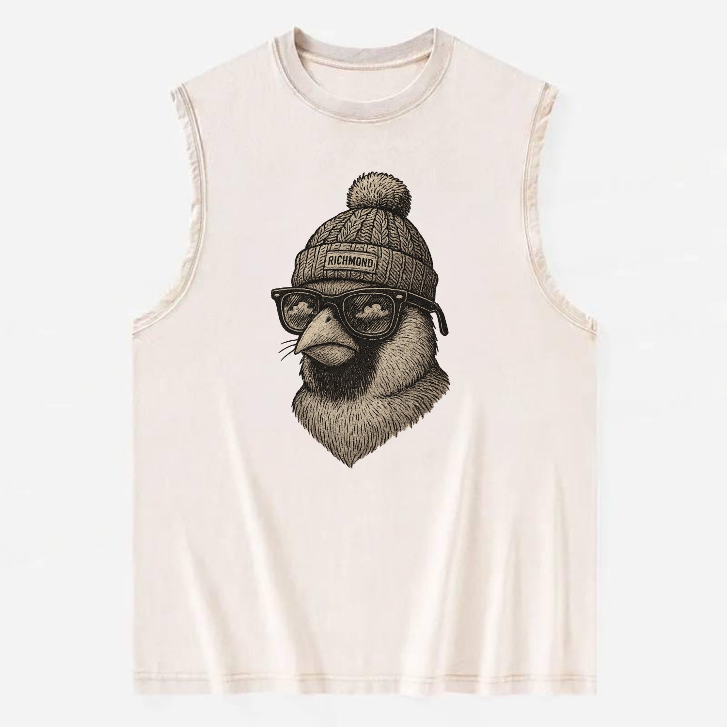 Virginia Cardinal wearing Richmond beanie with pom pom and wayfarer sunglasses - Vintage Washed Tank - Beige