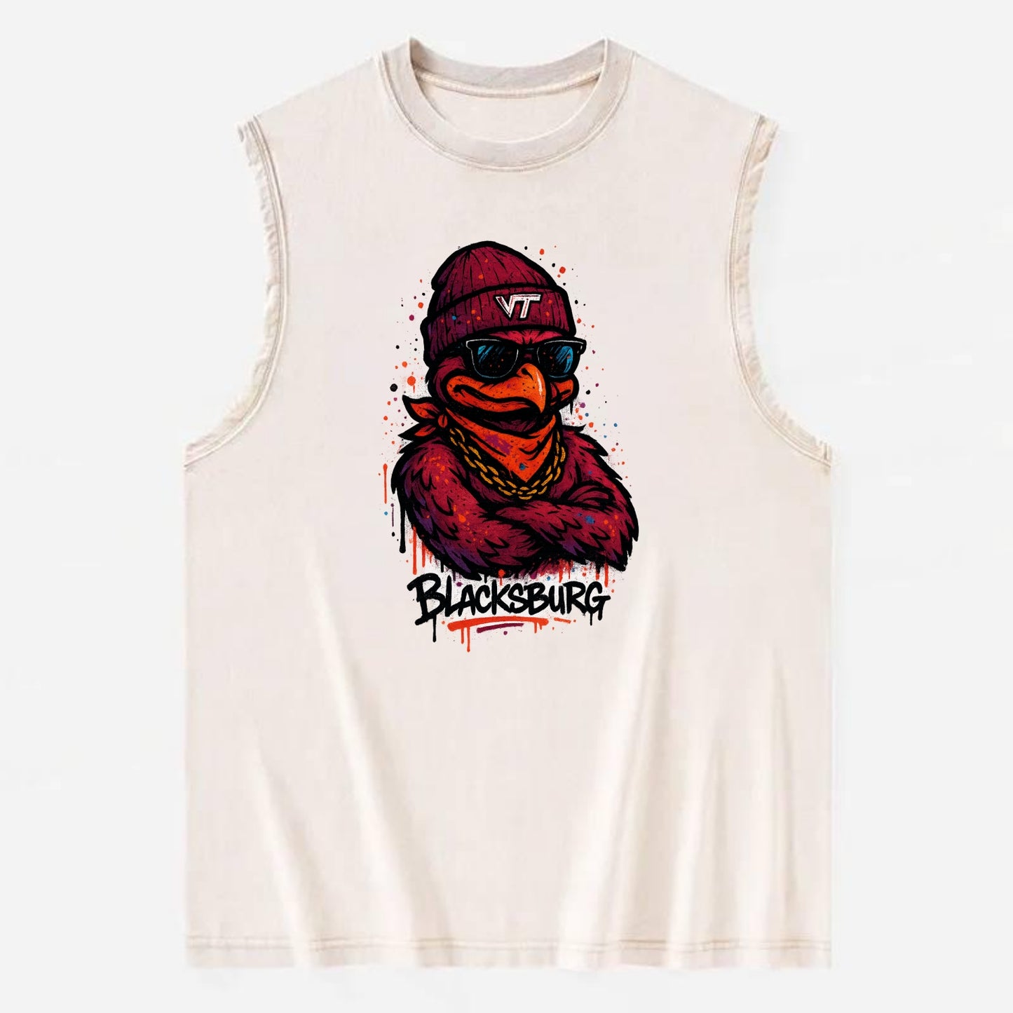 Blacksburg HokieBird wearing Virginia Tech beanie with VT patch - Vintage Washed Tank - Beige