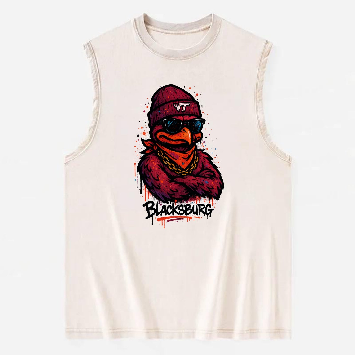 Blacksburg HokieBird wearing Virginia Tech beanie with VT patch - Vintage Washed Tank - Beige