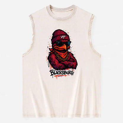 Blacksburg HokieBird wearing Virginia Tech beanie with VT patch - Vintage Washed Tank - Beige