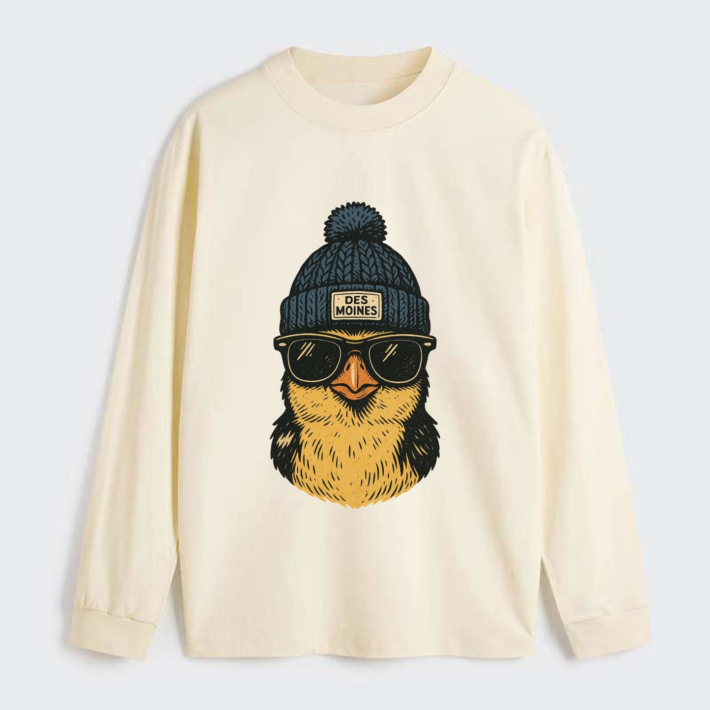 Iowa Goldfinch wearing Des Moines beanie with pom pom and wayfarer - Classic Long Sleeve Shirt - Beige
