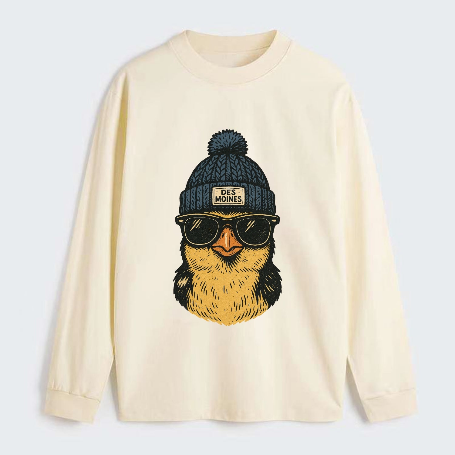 Iowa Goldfinch wearing Des Moines beanie with pom pom and wayfarer - Classic Long Sleeve Shirt - Beige