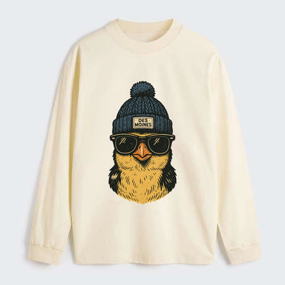 Iowa Goldfinch wearing Des Moines beanie with pom pom and wayfarer - Classic Long Sleeve Shirt - Beige