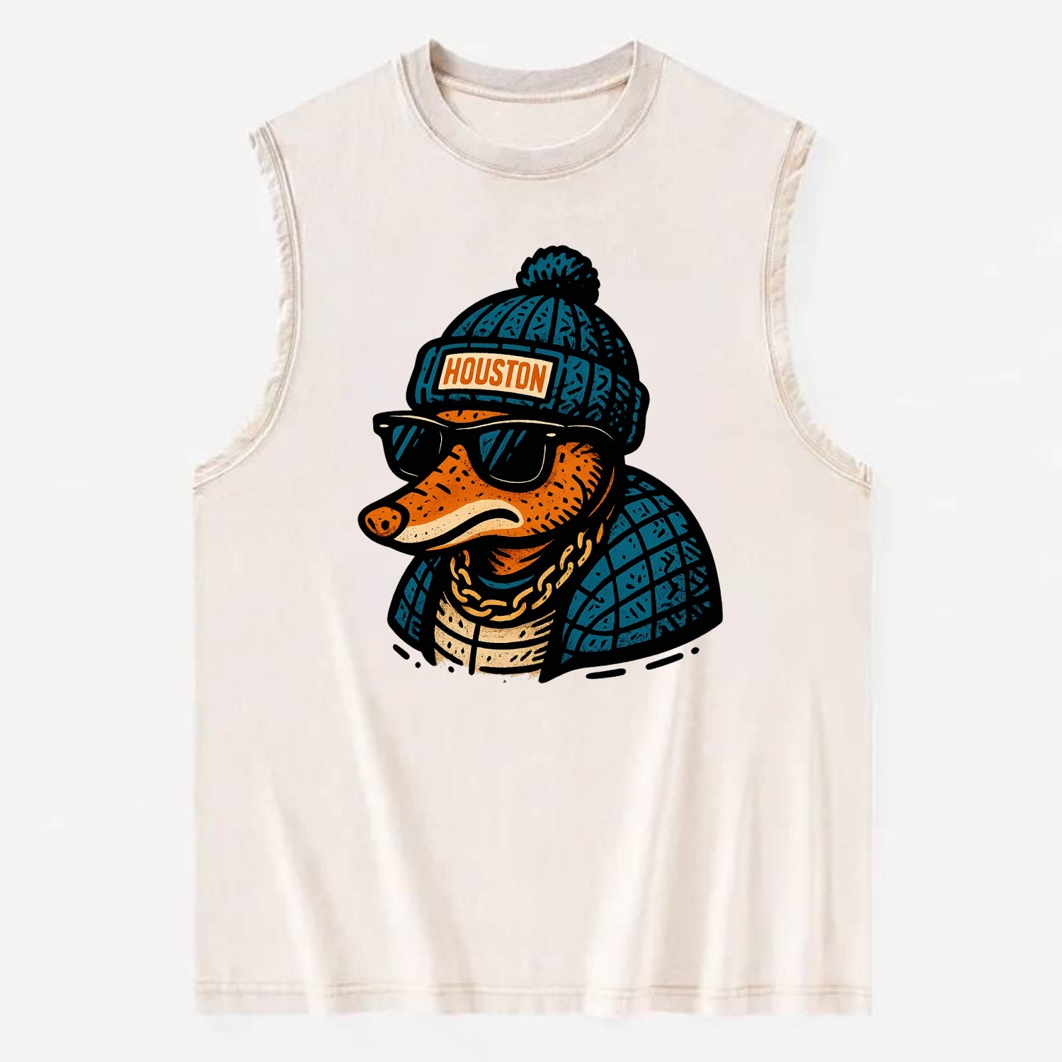 Houston Armadillo wearing Houston beanie with pom pom and wayfarer sunglasses - Vintage Washed Tank - Beige